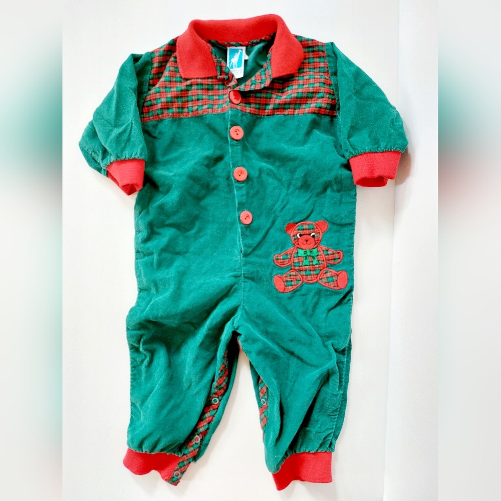80s Green Corduroy Red Plaid Christmas Romper 24m Toddle Tyke‎ Holiday